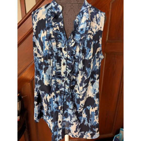 Lane Bryant Sleeveless Ruffle Button-Front Blouse Size 18 Blue Tie-Dye Print - Picture 1 of 6